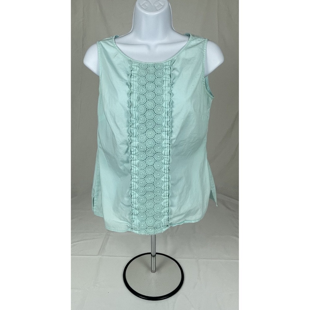TALBOTS PETITES 6P SLEEVESLESS SHELL BLOUSE AQUA BLUE LACE FRONT COTTON STRETCH‎
